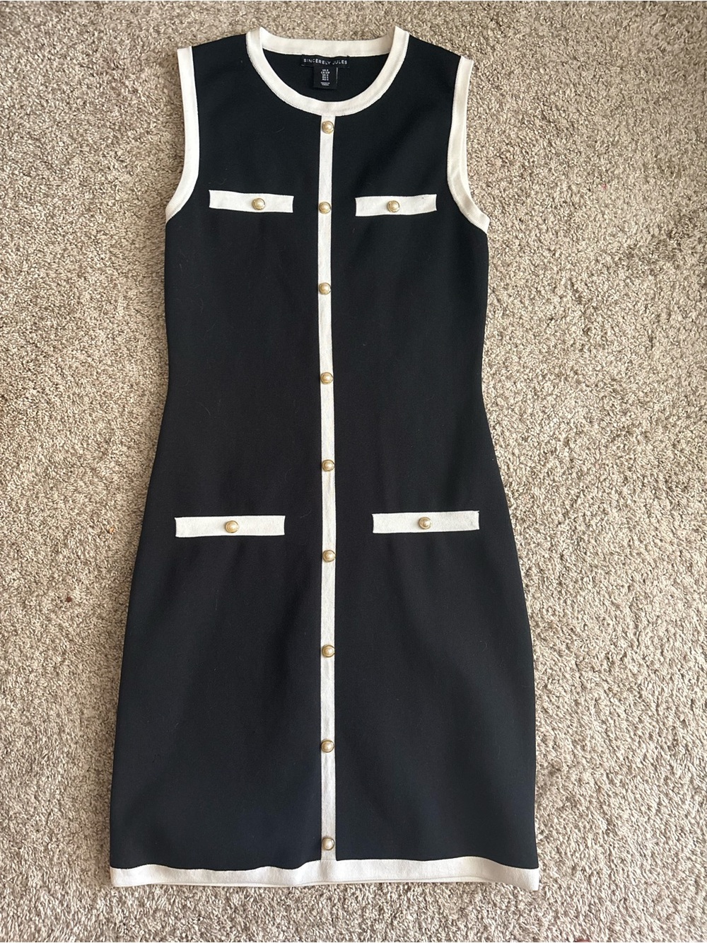 Sincerely Jules Black Shift Dress with White Trim & Gold Buttons